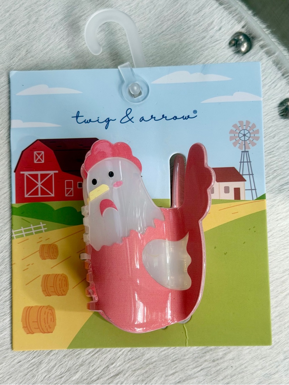 Twig & Arrow Chicken Hair Clip Acetate Claw Pink White Farm Animal Rooster Hen